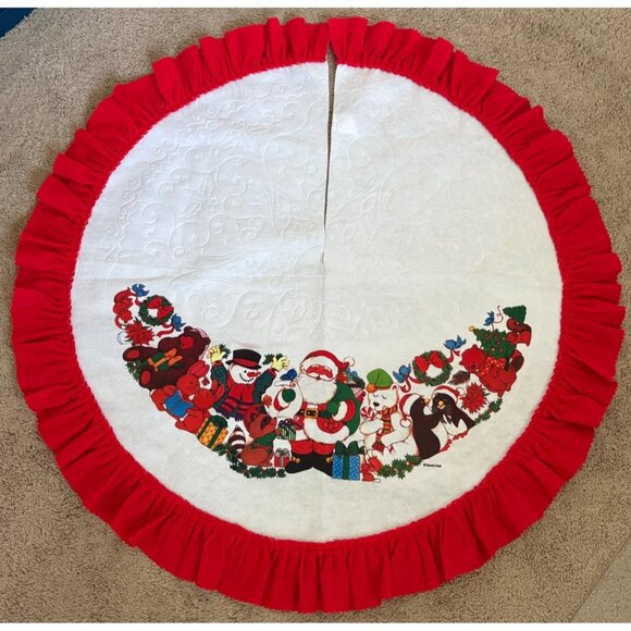 Santa's Best Felt Christmas Tree Skirt Ruffled Edges Red White Santa Snowman Pen - Picture 1 of 6